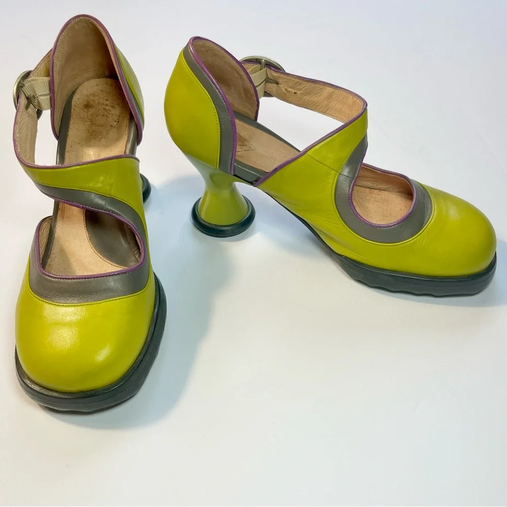 SOLD Fluevog Elif Mary Jane Mini Heels Shoes Olive Green Purple Buckle Strap - Picture 2 of 14